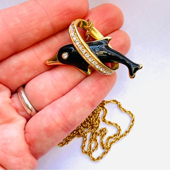 RARE Swarovski Dolphin Crystal Enamel Pendant Necklace and Velvet Pouch HTF - Picture 3 of 11